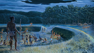 Painting of Hopewell Culture people, showing earthworks